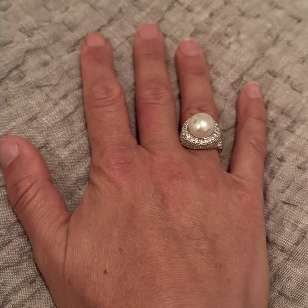 Statement Pearl Cocktail Ring 925 Sterling Silver Pavé CZ QVC Sz7 NWT - Picture 2 of 7